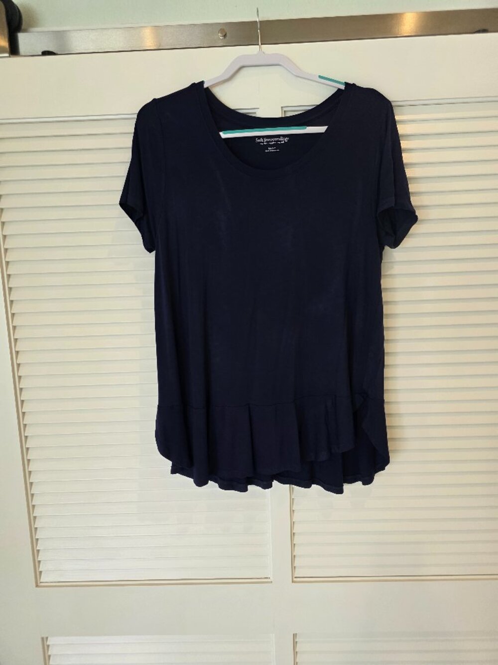 Soft Surroundings Navy Blue Long TShirt Tunic with ruffle flounce hem, Size M